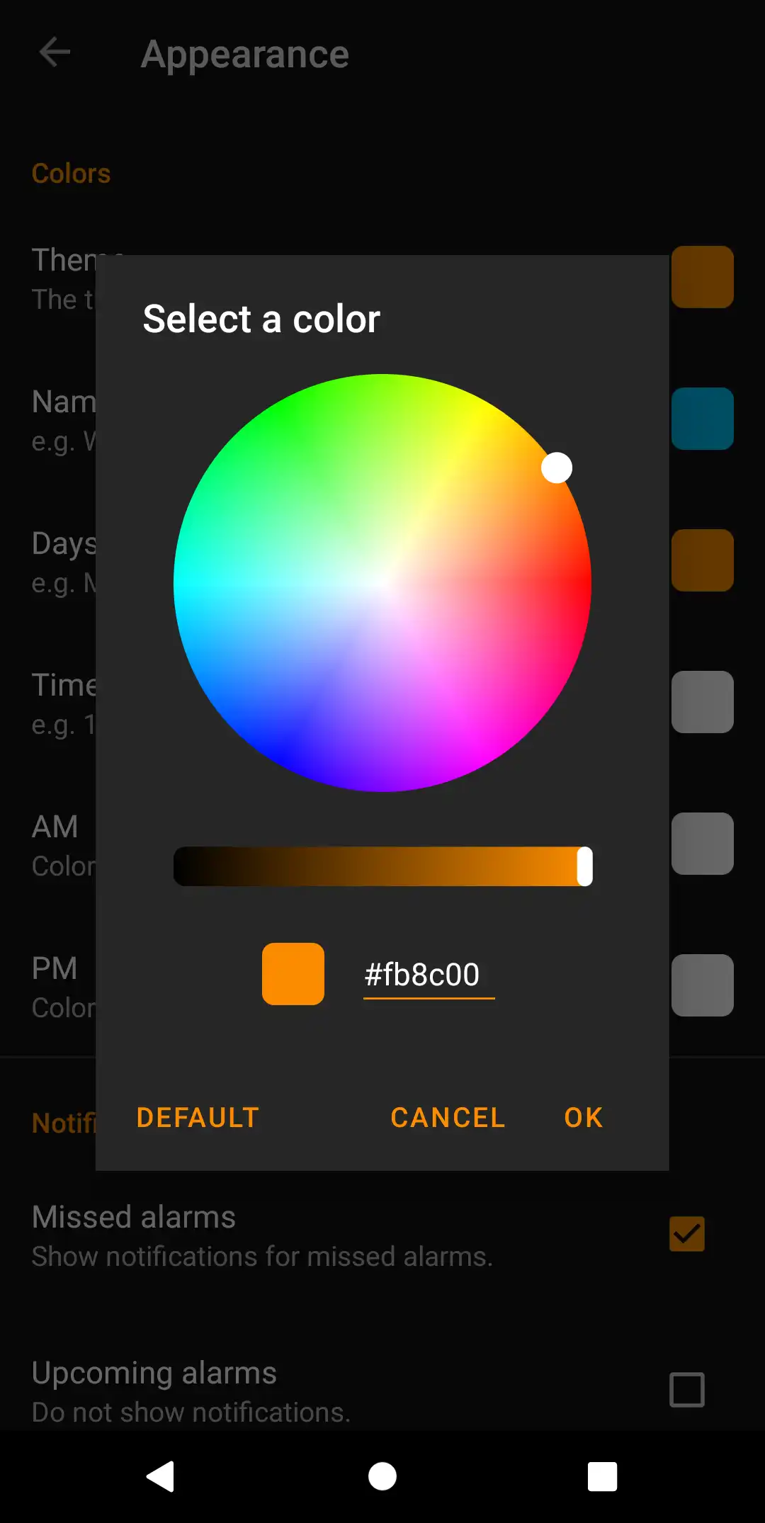 Appearance settings to tweak colors